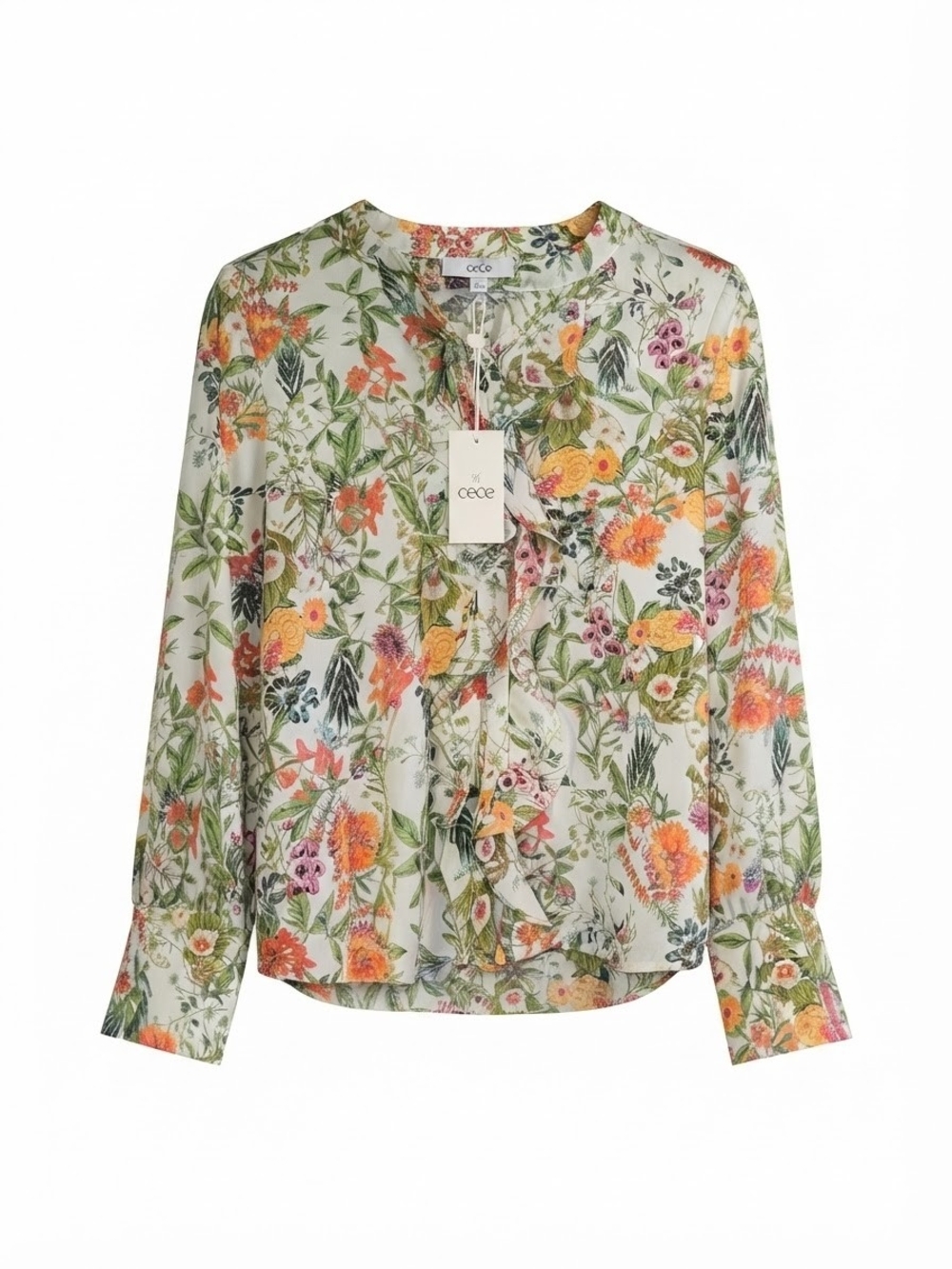 CeCe Ivory Floral Ruffle-Front Blouse with Green and Pink Accents